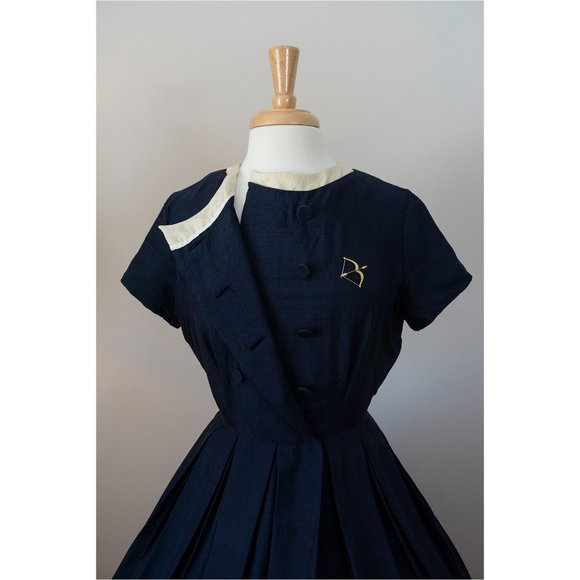 Vintage 1950s Navy A-Line Dress Midi 50s Silk S Sm - Picture 5 of 10